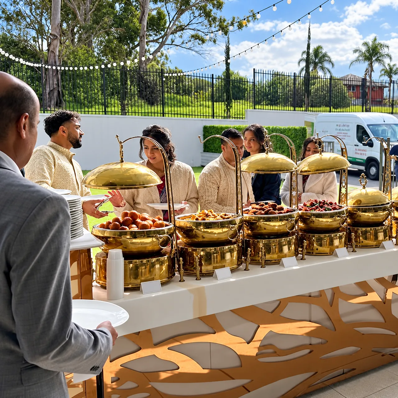 Guests gathered at an outdoor wedding buffet