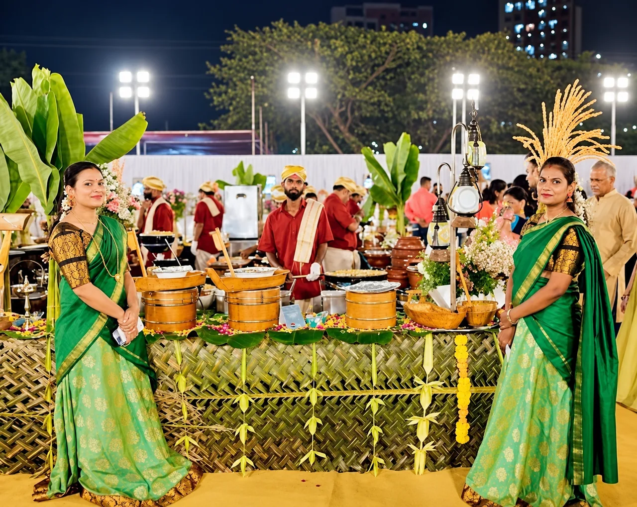 Traditional event buffet with hosts in green attire